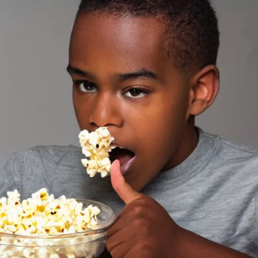 Prompt: a young black man eating from a tub of popcorn with an amused look on his face