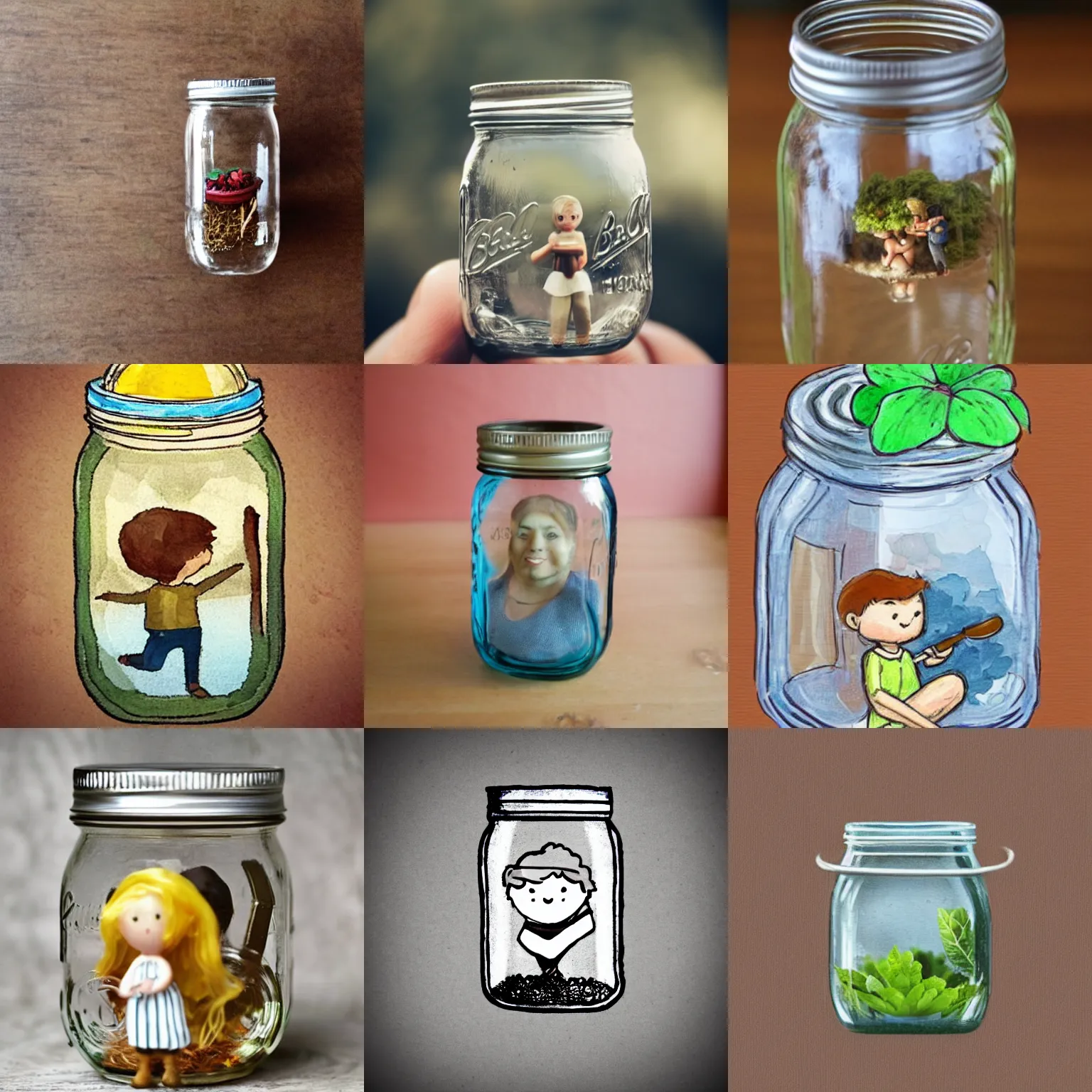 Prompt: a tiny!!!!!!!!!! person in a mason jar