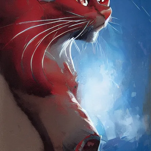 Image similar to blue cat eating red sable painting by eddie mendoza, greg rutkowski