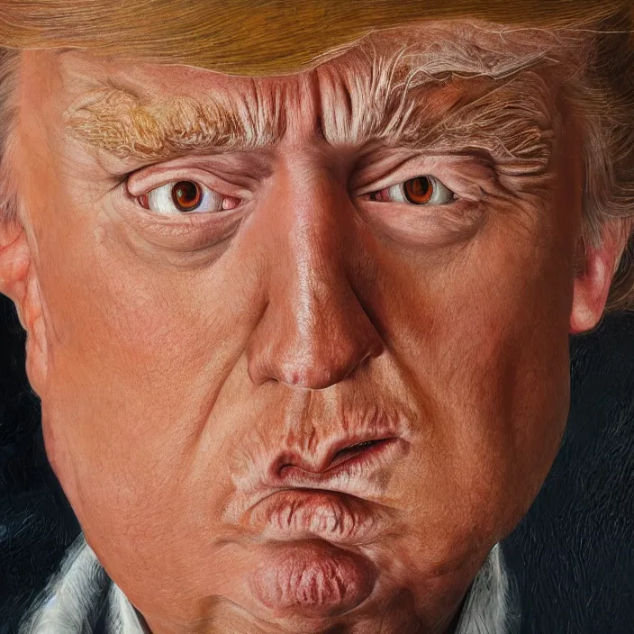 Image similar to hyperrealistic close up studio portrait of aging old Donald Trump age 85 sad, oil painting by Ivan Albright and Lucian Freud and Ron Mueck, trending on artstation Studio lighting hyperrealism