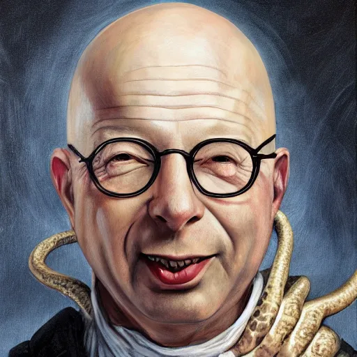 Prompt: a detailed fantasy character painting of Klaus Schwab with devil horns on his head, he has a forked tongue like a snake and black eyes, holding a lamb, dressed like Jesus Christ, by lauri blank, artgerm, evelyn de morgan, 8K, 50mm lens