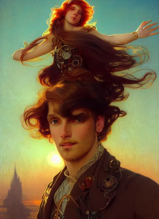 Image similar to portrait painting of a handsome face rugged long hair crimson hair male captain, top half portrait soft hair steampunk ornate mechanical zeppelin airship in the background sky sunset golden hour fantasy soft hair deviantart book cover art atmospheric volumetric lighting art by mucha greg rutkowski gaston bussiere