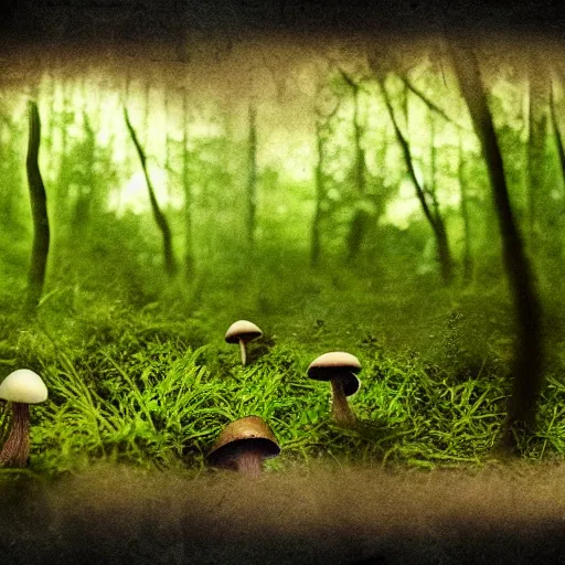 Prompt: daguerrotype shot of a mushroom in a green forest, wide aperture, intricate, highly detailed, artstation, sharp focus, artgerm