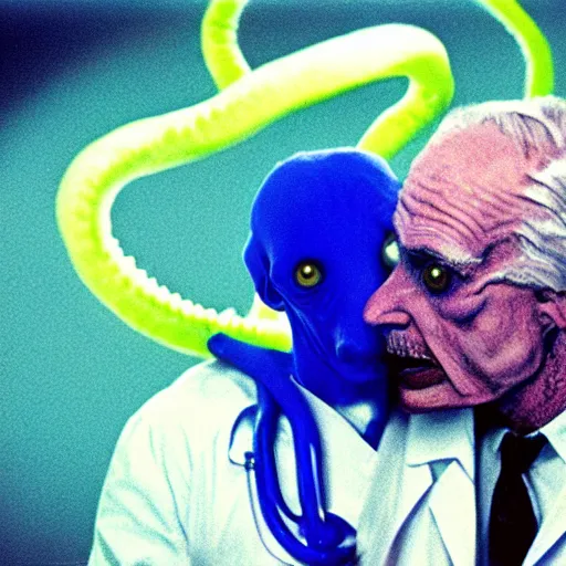 Prompt: a hyper detailed filmic closeup 30mm color film photograph of a bundle of dangerous gorey shape shifting alien tendrils strangling and smothering a male 70-year-old doctor wearing a blue lab coat under dreary fluorescent lights in the style of a horror film still