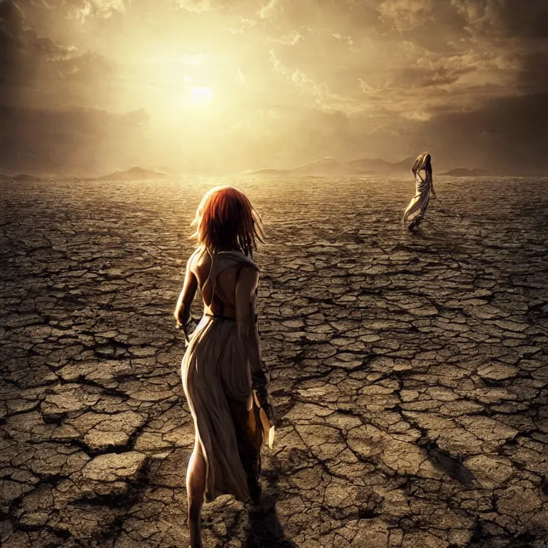 Prompt: A greek goddess walking across a vast desert under an unrelenting sun. award winning. superb resolution. in the art style of junji Ito and greg rutkowski. Detailed post-apocalyptic wasteland in background. Hyper realistic anime. Perfect art.