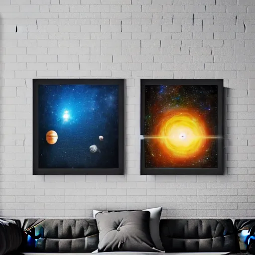 Image similar to elements of the cosmos collection on wall, multiverse astronauts standing below and beside multiverse portal