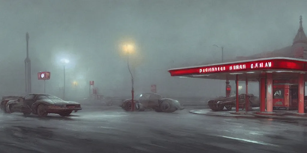 Image similar to a highly detailed epic cinematic concept art CG render digital painting artwork: Soviet gas station, fog. By Greg Rutkowski, in the style of Francis Bacon and Syd Mead and Norman Rockwell and Beksinski, open ceiling, highly detailed, painted by Francis Bacon and Edward Hopper, painted by James Gilleard, surrealism, airbrush, Ilya Kuvshinov, WLOP, Stanley Artgerm, very coherent, triadic color scheme, art by Takato Yamamoto and James Jean