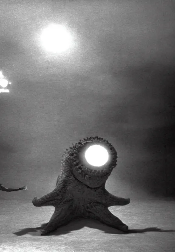 Image similar to Pulgasari the North Korean monster, volumetric lighting, filmstill, produced by Kim Jong-il, Kodachrome, kaiju-eiga, starfish monster movie, communist propaganda, film noir, 35mm film grain, Cooke Varotal 20-100mm T3.1, monochrome, in the style of Ishirō Honda and Akira Kurosawa