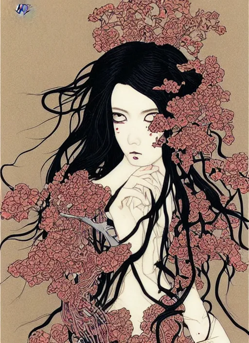 Image similar to pop surrealism, muted colors seductive female, long hair, art by takato yamamoto, trevor brown