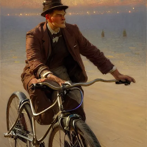 Image similar to uber eats delivery driver on a bicycle, very defined and highly detailed painting by gaston bussiere, j. c. leyendecker, craig mullins 8 k