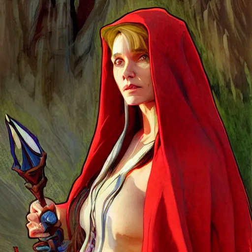 Image similar to esther the elven desert bandit. Red robes. Epic portrait by james gurney and Alfonso mucha (lotr, witcher 3, dnd).