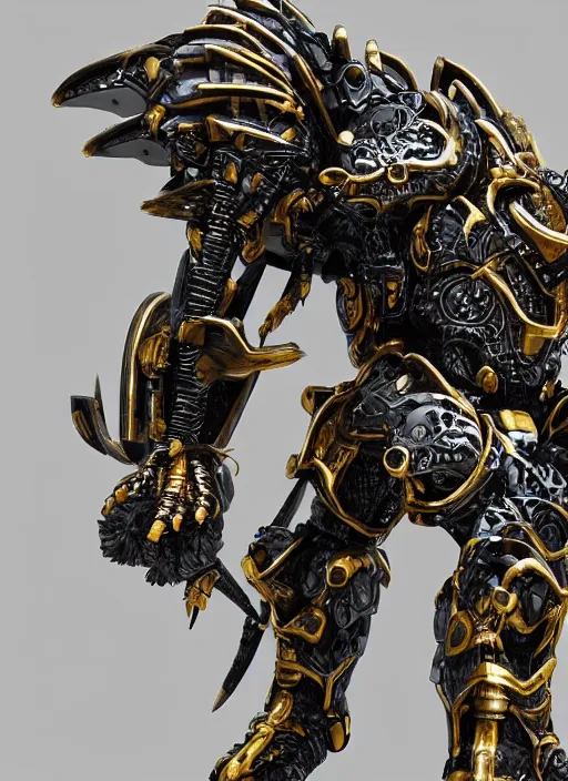 Image similar to hyper realistic glorious ancient wargreymon in a obsidian metal armor, futuristic design, designed by makoto kobayashi and luca zampriolo, portrait, cyberpunk style, wood and gold details, intricate, extremely detailed, ornate, deep of field, hard surface, exoskeleton, substance designer metal unreal engine, symmetrically, very detailed.