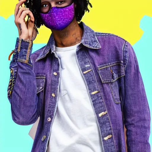 Image similar to professional colored sketch of a full-body view of a stylish young adult man with short hair wearing a black face mask, a striped long-sleeved shirt, and ripped jeans, high quality, HD, 8K, highly detailed, award-winning, dark purple clouds