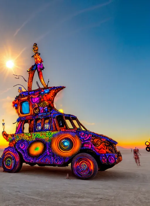 Prompt: burning man art car, sunset, 4 k