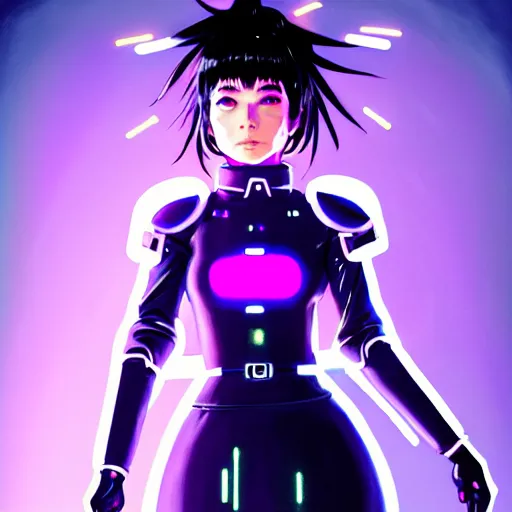 Image similar to a beautiful! bjork model, wearing futuristic cyber leather dress with incredibly intricate glowing purple led lights, jrpg aztec street fashion, gapmoe yandere grimdark, trending on pixiv fanbox, painted by greg rutkowski makoto shinkai takashi takeuchi studio ghibli, akihiko yoshida