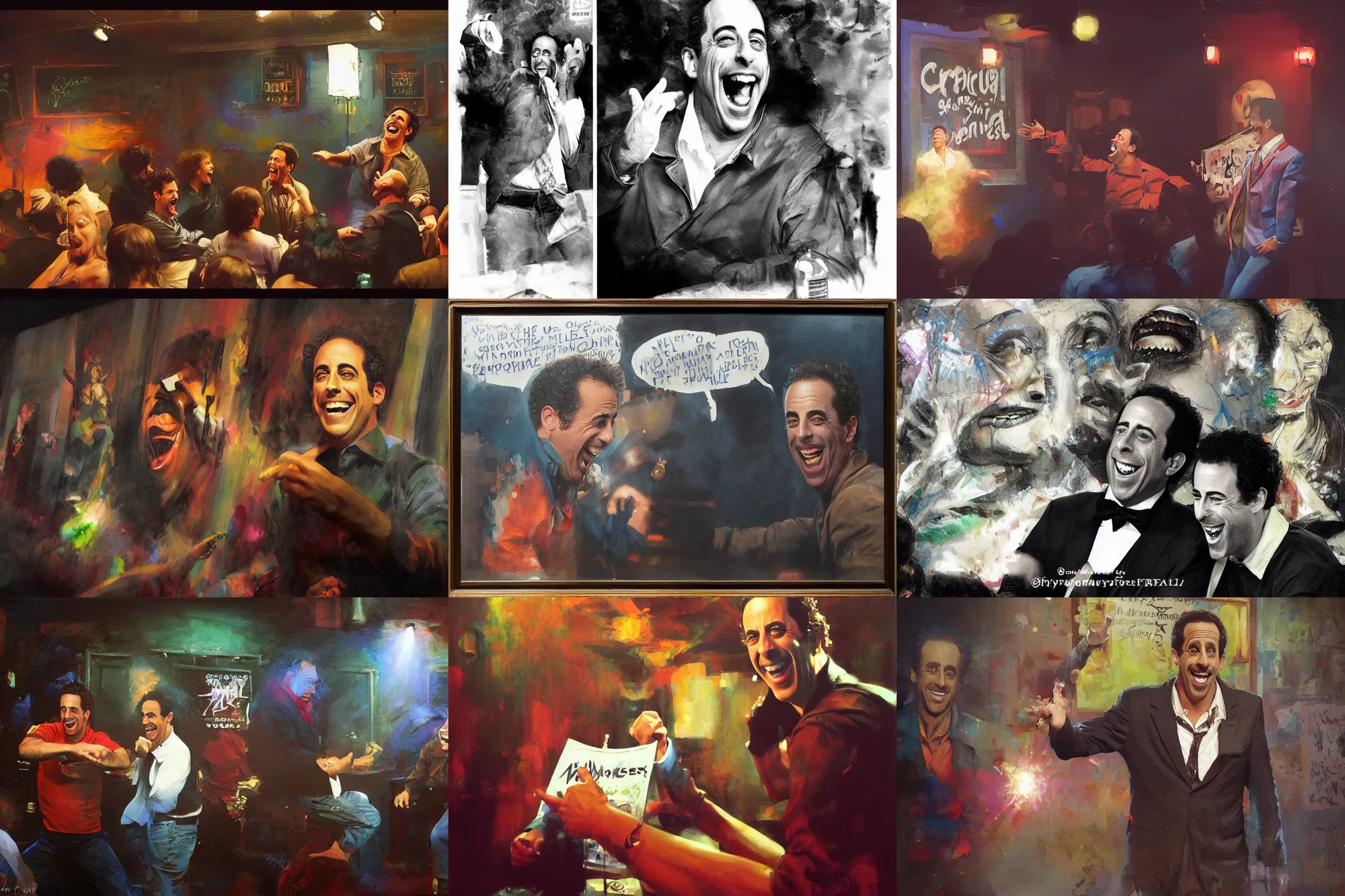 Prompt: a mixed media portrait painting of nineteen eighties jerry seinfeld laughing hysterically in a comedy club, hyperrealistic, by frank frazetta, greg rutkowski, christian macnevin, wlop, krenz cushart, epic fantasy character art, volumetric lighting, cgsociety, exquisite detail, masterpiece, cinematic