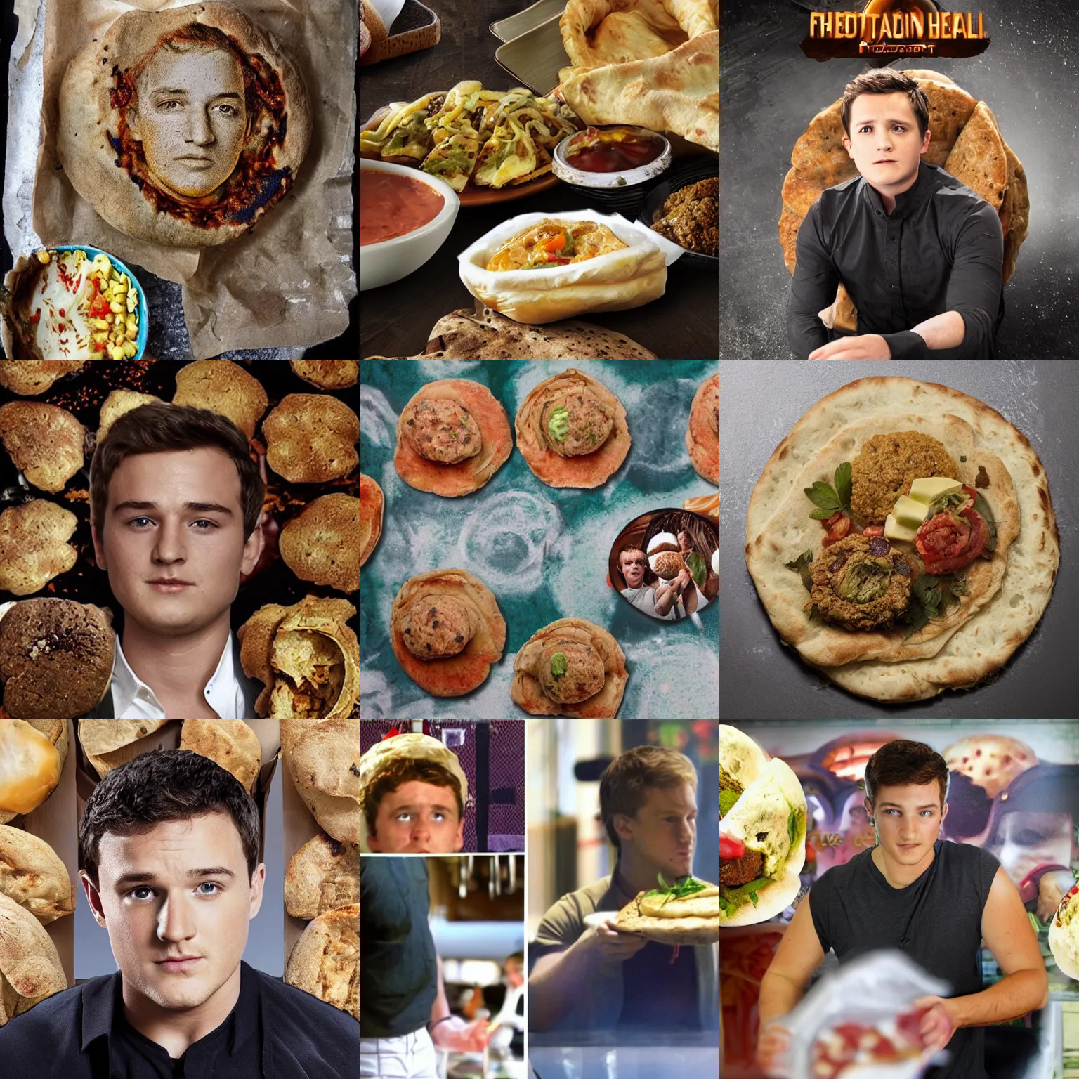 Prompt: a studio photo of peeta josh hutcherson head as falafel inside a pita bread hunger games