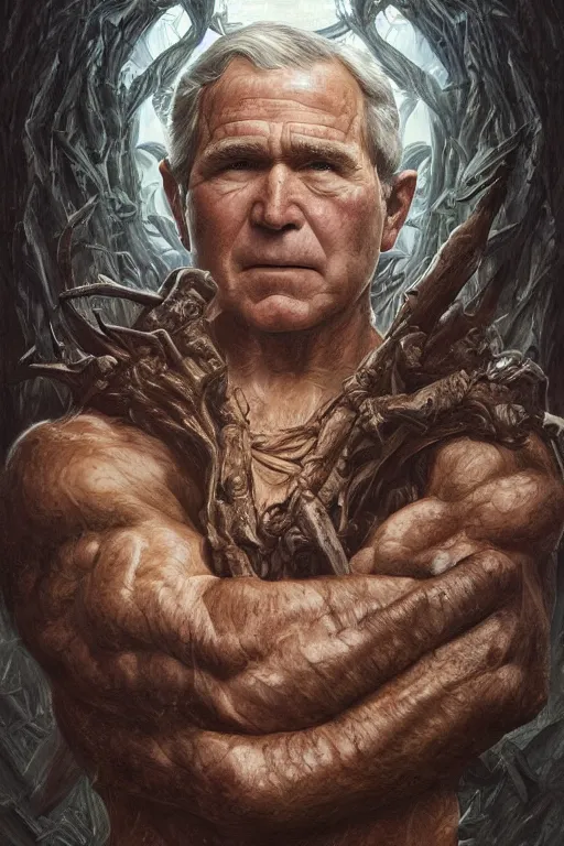 Image similar to portrait of george w bush as a hulking herculean demon, forest, godlike, full body, fantasy, intricate, elegant, highly detailed, digital painting, artstation, concept art, sharp focus, illustration, art by artgerm and greg rutkowski and alphonse mucha