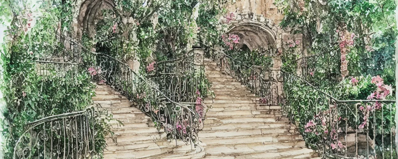 Image similar to wide angle, stairway, chairs, wrought iron gates, tree, delicate water in a botanic garden, garden road, temple in a botanical herbarium paper, watercolor colored painting, iridescent colors, realistic shaded, fine details, artstation, italian style, colonnade, huge flowers, architecture