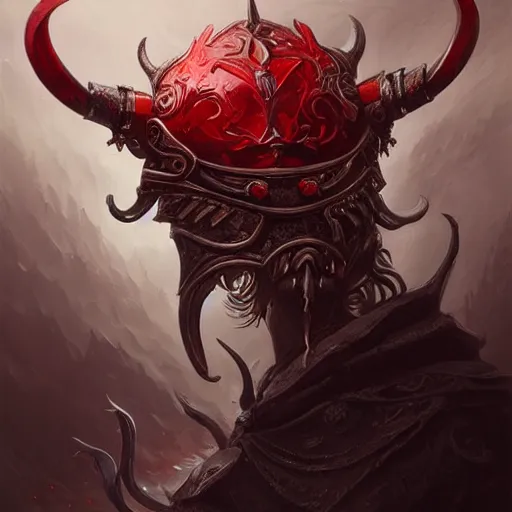 Image similar to An ornate front facing helm with large horns, Black steel with red trim, engulfed in blood red energy, intricate, elegant, highly detailed, digital painting, artstation, concept art, smooth, sharp focus, illustration, art by anato Finnstark and Peter mohrbacher,