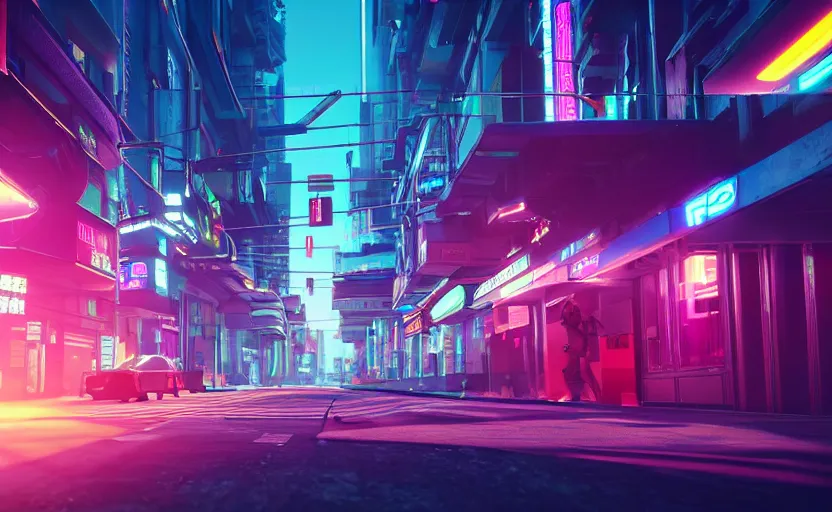 Image similar to neon cyberpunk city streets . daylight. sunlight. lens flare. light fixtures. 8K. detailed. photorealism. artstation. 25mm f/1.7 ASPH Lens. ultra realistic