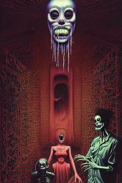 Image similar to a hyperrealistic painting of a haunted hotel lobby with spooky maids and clerk, cinematic horror by chris cunningham, lisa frank, richard corben, highly detailed, vivid color, beksinski painting, part by adrian ghenie and gerhard richter. art by takato yamamoto. masterpiece