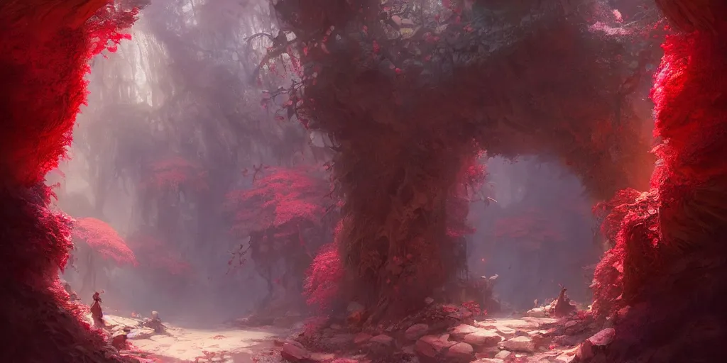 Image similar to entrance to small grotto deep inside the forest, red crystals growing everywhere. In style of Greg Rutkowski, Jesper Ejsing, Makoto Shinkai, trending on ArtStation, fantasy, great composition, concept art, highly detailed, scenery, 8K, Behance.