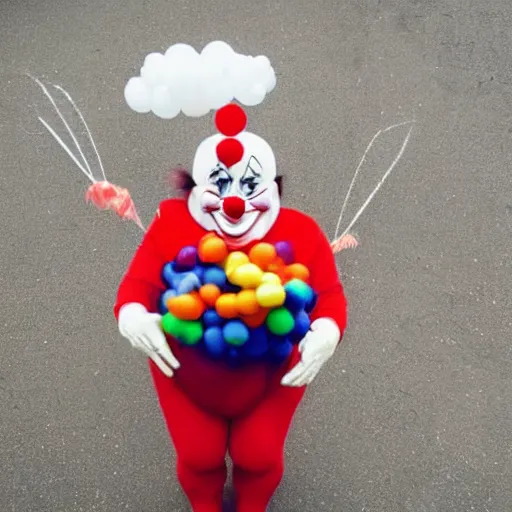 Image similar to disturbing fat clown holding a balloon in the middle of the street at night