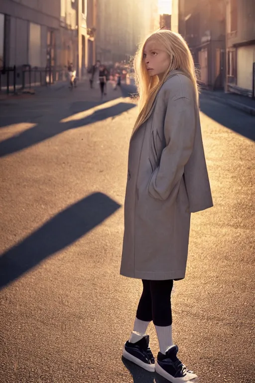 Prompt: high quality realistic street photo of girl, blond hair, clothes in the sport style of 1 9 9 0, sneakers, lowered socks, loose coat, perfect face against the sunset sky ; kodak ektar, 2 0 0 iso, 3 5 mm lens, bill henson style beautiful chiaroscuro lighting, beautiful colour palette, beautiful and realistic, wide shot