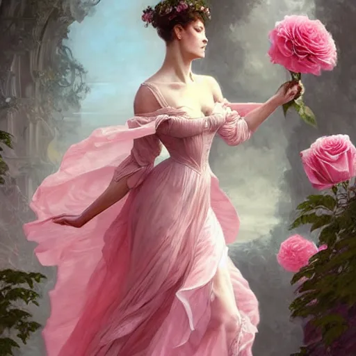 Image similar to !!beautiful!! woman dressed in a vaporous wrapped large victorian pink roses silk semi-transparent dress fashion is running, fantasy, intricate, elegant, highly detailed, digital painting, trending on artstation, concept art, matte, sharp focus, illustration, art by Artgerm and Greg Rutkowski and Alphonse Mucha