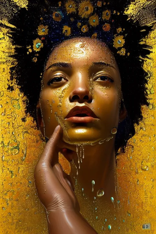 Image similar to hyperrealistic precisionist cinematic profile very expressive! oshun goddess, in water! john everett millais, mirror dripping droplet!, gold flowers, highly detailed face, digital art masterpiece, smooth eric zener cam de leon, dramatic pearlescent turquoise light on one side, low angle uhd 8 k, shallow depth of field