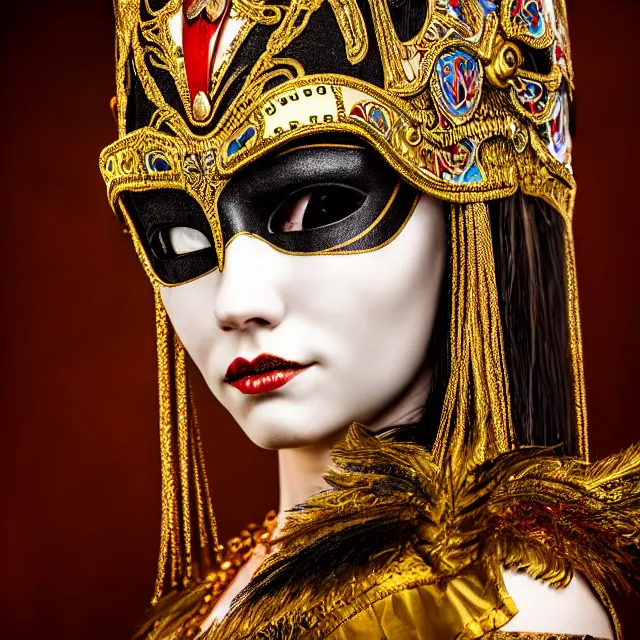 Image similar to full length portrait photo of a female warrior with ornate venetian mask highly detailed, 8 k, hdr, close up, smooth, sharp focus, high resolution, award - winning photo