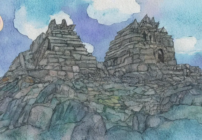 Image similar to a cell - shaded watercolor concept art from a studio ghibli film showing one giant grey griffon. a temple is under construction in the background in machu pichu on a misty and starry night. by studio ghibli. very dull muted colors