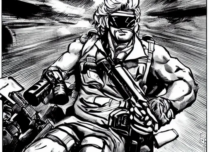 Prompt: solid snake breaking into a terrorist hideout while riding a motorcycle and firing a gun, in the style of jack kirby