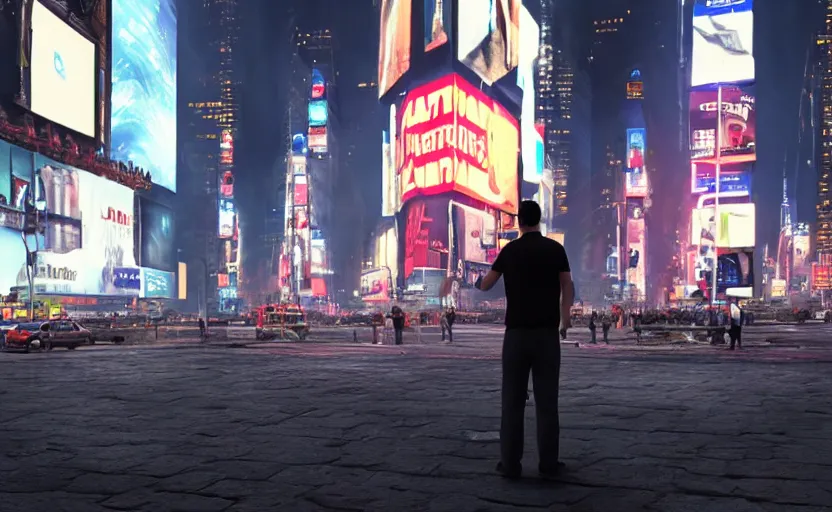 Prompt: a man standing in the middle of Times Square at night, a photorealistic painting by Gregory Crewdson, cgsociety, american scene painting, playstation 5 screenshot, matte painting, cryengine