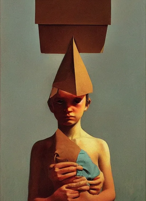 Prompt: child portrait with a paper bag over the head Edward Hopper and James Gilleard, Zdzislaw Beksinski, highly detailed