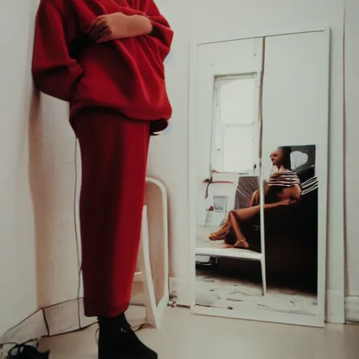 Image similar to realistic! photoshoot for a new vetements lookbook, color film photography, portrait of a beautiful woman, location in a apartment, in style of tyler mitchell, 35mm