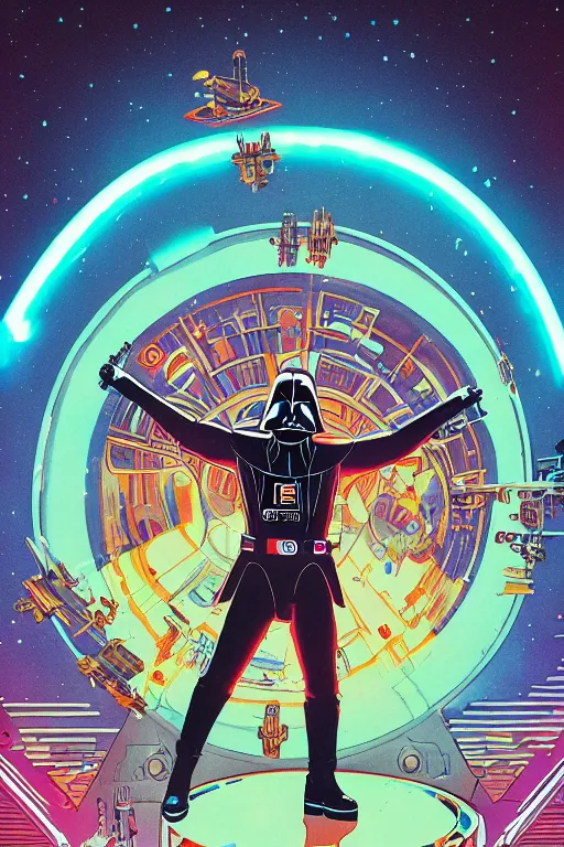 Image similar to darth vader dj standing on a giant science fiction neon turntable at a astronaut rave, anti gravity, digital art, winning award masterpiece, fantastically beautiful, intricate, illustration, dan mumford, geof darrow, moebius, artgerm, alphonse mucha, roger dean,, 8 k