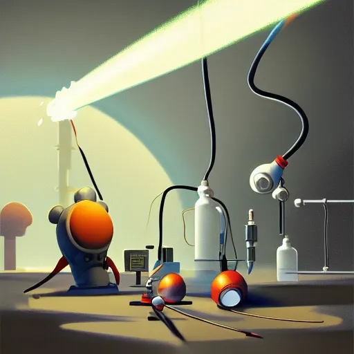 Image similar to goro fujita ilustration a science laboratory, tools for science research, explosion of the chemicals, small streaks of light through, painting by goro fujita, sharp focus, highly detailed, artstation