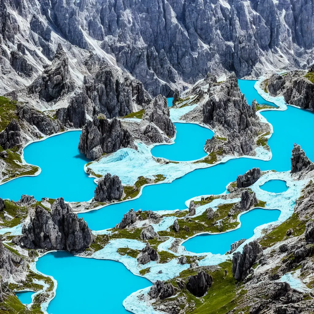 Image similar to dolomites, bright blue pools of water with swirling seafoam, patches of green fields, black volcanic rock, icy glaciers, birds eye view