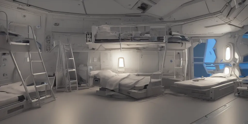 Image similar to Room of a spacecraft, with a bunk bed, warm tones, lights, gloom and lights, photo realistic, playing, CGI, Unreal Engine, Hdri