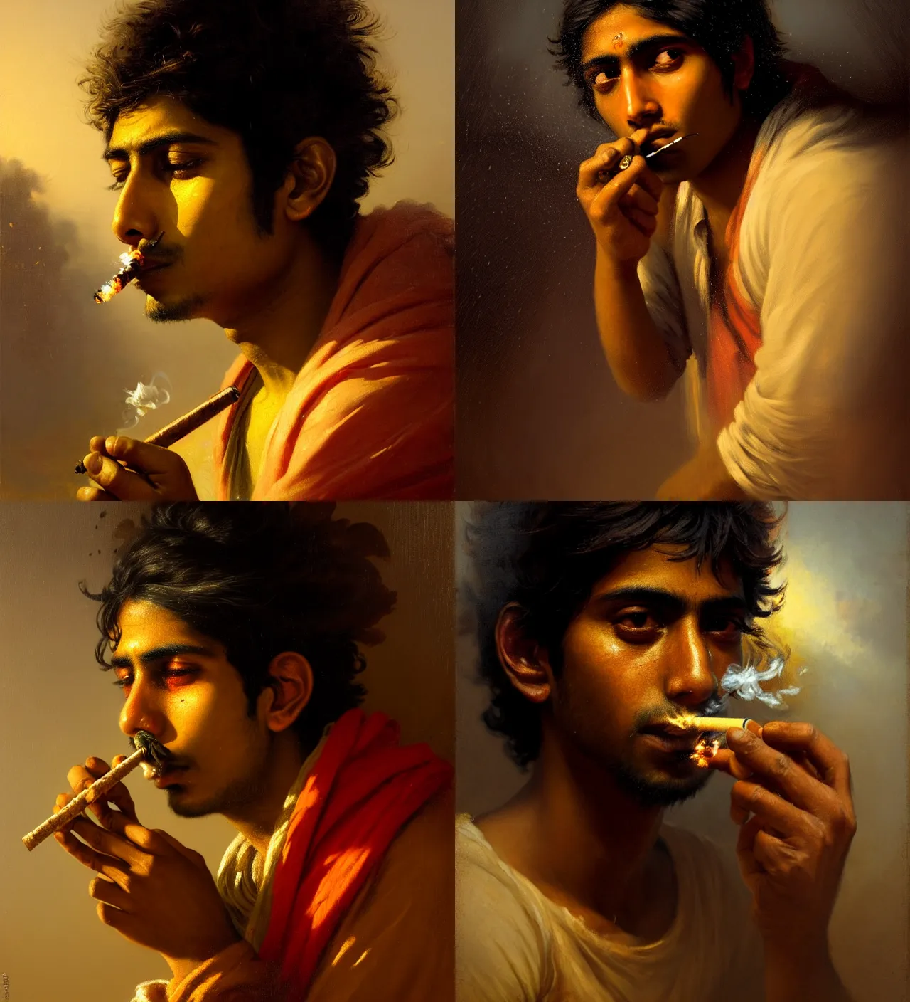 Prompt: a beautiful cinematic masterpiece classical headshot closeup portrait of a stoner indian boy smoking a joint, stoned, tripping, head only, by greg rutkowski, by jean - honore fragonard, oil on canvas, ornate, suburban, brilliant lighting, smoke, chiaroscuro, detailed, no frames, 8 k