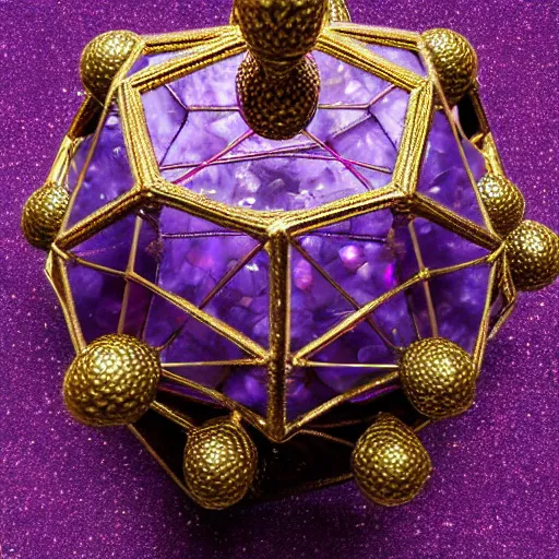 Image similar to ornate and intricate dodecahedron made of purple crystals and gold wires in the form of a anatomical correct skull, dark moody background