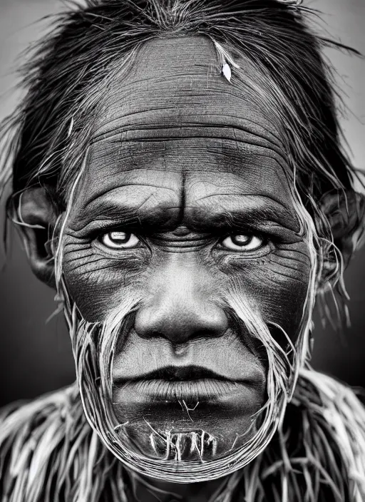 Image similar to Award winning Editorial photo of a Native Kiribati with incredible hair and beautiful hyper-detailed eyes wearing traditional garb with a Bokikokiko by Lee Jeffries, 85mm ND 5, perfect lighting, gelatin silver process