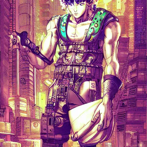 Prompt: a cyberpunk curly-haired persian guy by masamune shirow, digital art, aesthetic