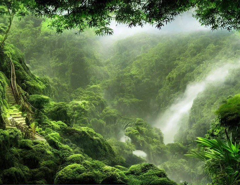 Prompt: a cinematic widescreen photo of ancient japanese cloud temples, a winding path across a bridge, a terraced mountain in a misty bamboo cloud forest with colossal waterfalls at dawn by studio ghibli and roger dean, terraced, mystical, gardens by the bay