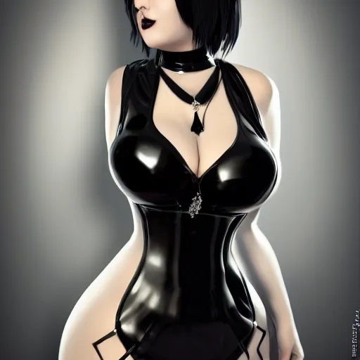 Image similar to curvy feminine goth woman with dignified elaborate tight black-silver nylon and latex ballroom gown, black choker necklace, inviting posture, photorealistic, cgsociety, sublime, 16k, smooth, sharp focus, ArtStation, hyperdetailed, volumetric lighting