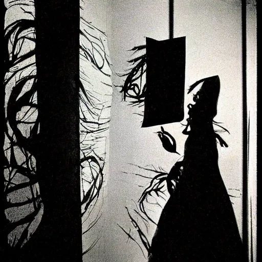 Image similar to The horror in the shadows is my love, impressionism, burnt paper, sharp contrast by Dave McKean and Lucien Clergue