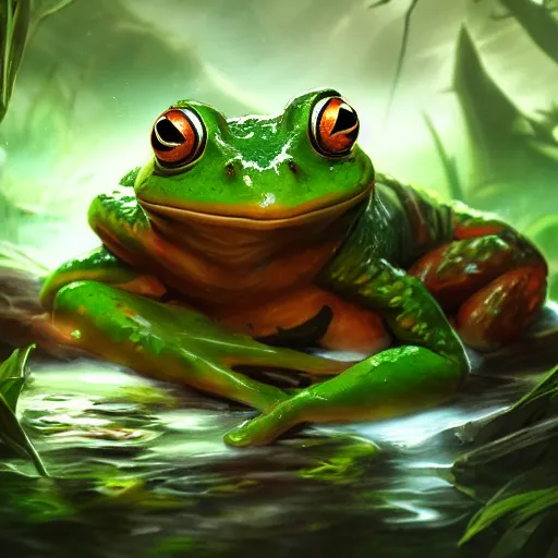 Image similar to beatiful art league of legends splash art of a frog in a swamp