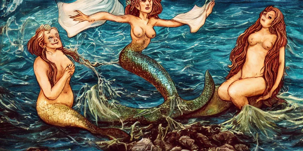 Prompt: hungry mermaid holding frightened sailor